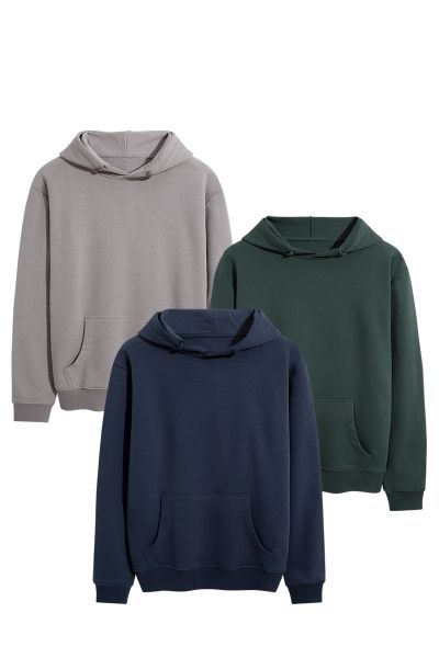 3 Pack Grey Green Blue Navy Premium Cotton Basic Design Pullover Hoodie