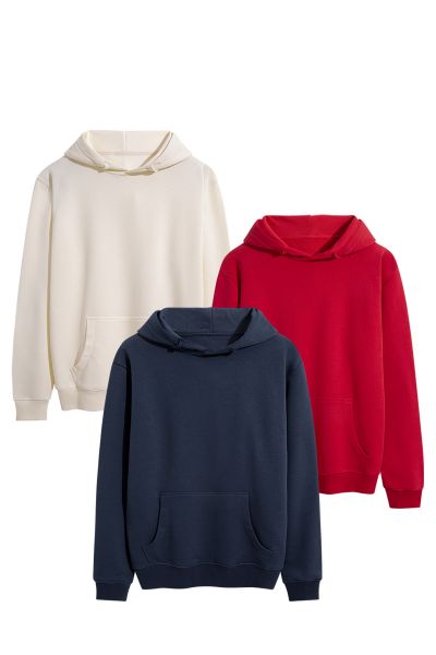 3 Pack Ecru Red Blue Navy Premium Cotton Basic Design Pullover Hoodie