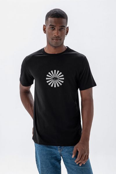 Black Soft Fabric Eye Design Short Sleeve Tee