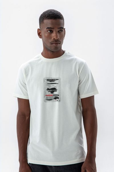 Off White Soft Fabric Ticket Design Short Sleeve Tee