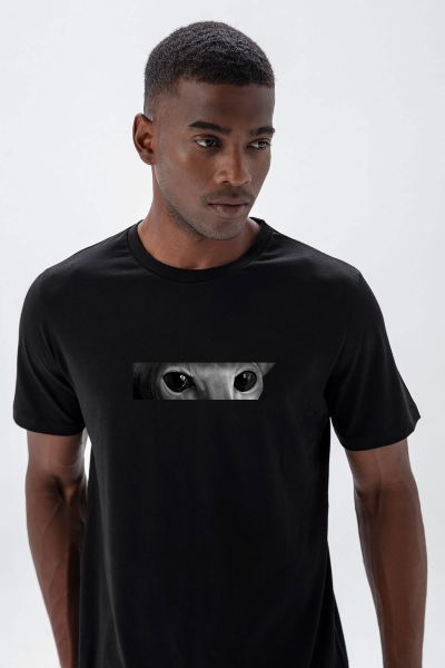 Black Soft Fabric Cat Design Short Sleeve Tee