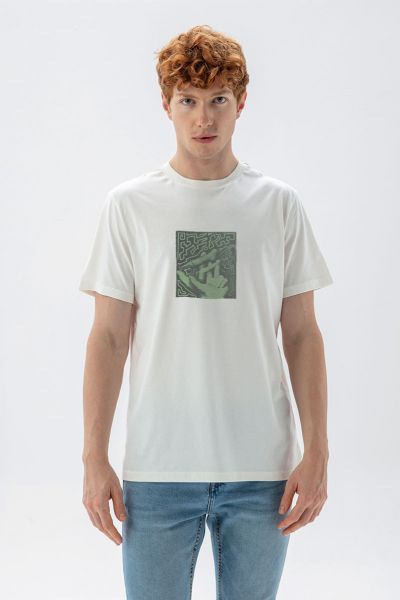 Off White Soft Fabric Injection Design Short Sleeve Tee