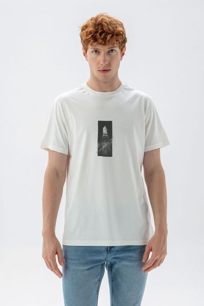 Off White Soft Fabric Leonardo Davinci Design Short Sleeve Tee