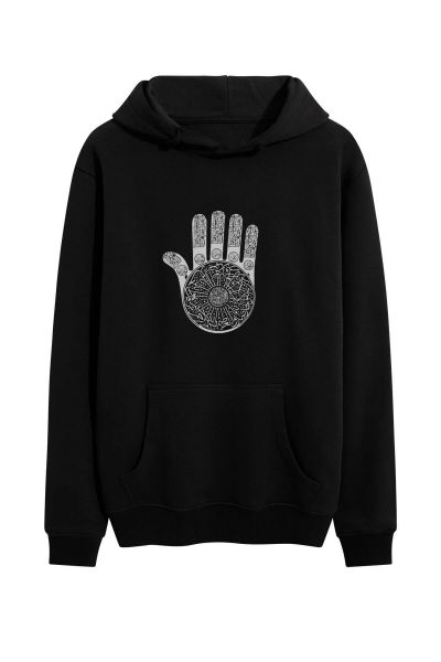 Black Premium Cotton Hamsa Design Pullover Hoodie