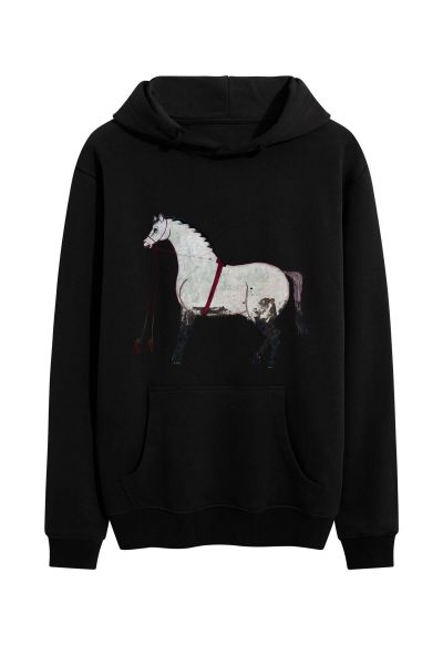 Black Premium Cotton Horse Design Pullover Hoodie