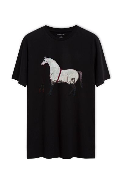 Black Soft Fabric Horse Design Short Sleeve Tee