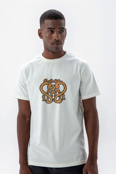 Off White Soft Fabric Theology Design Short Sleeve Tee