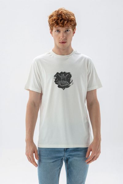 Off White Soft Fabric Theology Design Short Sleeve Tee