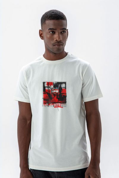 Off White Soft Fabric Abstract Design Short Sleeve Tee