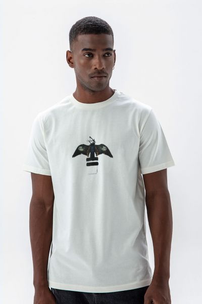 Off White Soft Fabric Black Bird Design Short Sleeve Tee