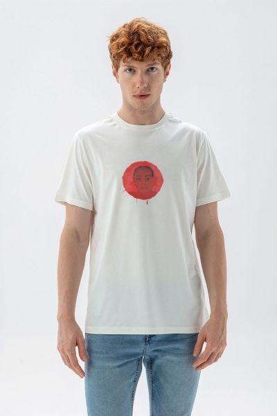 Off White Soft Fabric Red Face Design Short Sleeve Tee