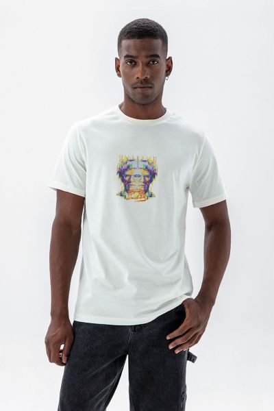 Off White Soft Fabric Pop Art Face Design Short Sleeve Tee