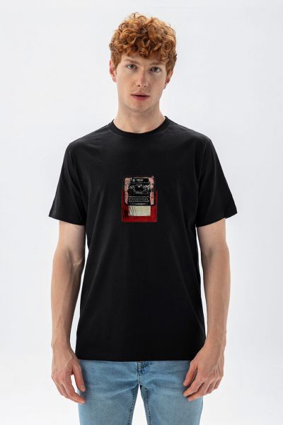 Black Soft Fabric Typewriter Design Short Sleeve Tee