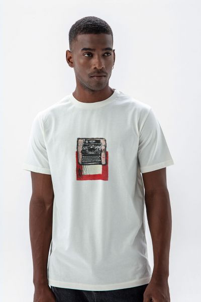 Off White Soft Fabric Typewriter Design Short Sleeve Tee