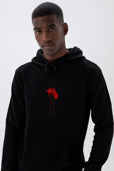 Black Premium Cotton Heart in Hand Design Pullover Hoodie