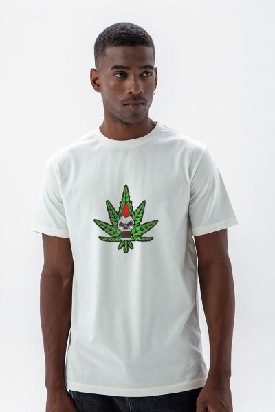 Off White Soft Fabric Cannabis Design Short Sleeve Tee