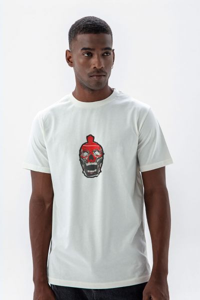 Off White Soft Fabric Skull Design Short Sleeve Tee