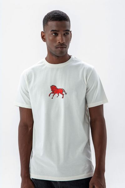 Off White Soft Fabric Horse Design Short Sleeve Tee