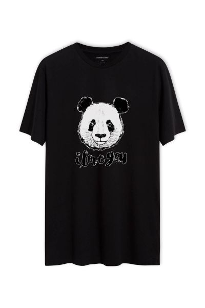 Black Soft Fabric Panda Design Short Sleeve Tee