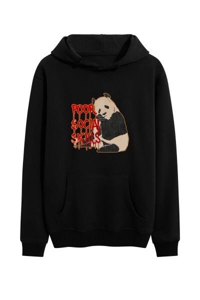 Black Premium Cotton Panda Design Pullover Hoodie