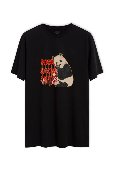 Black Soft Fabric Panda Design Short Sleeve Tee