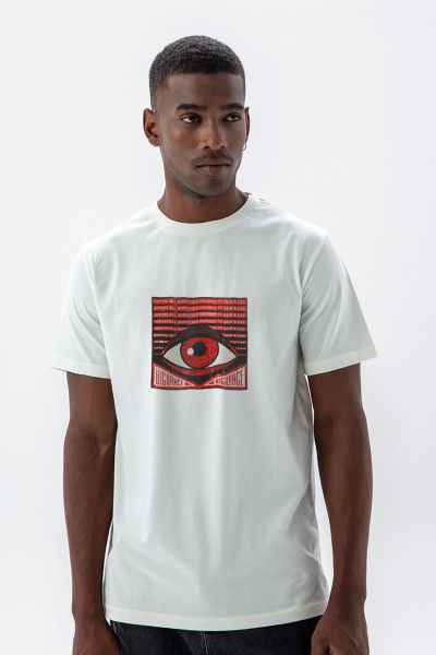 Off White Soft Fabric Uigilance Design Short Sleeve Tee