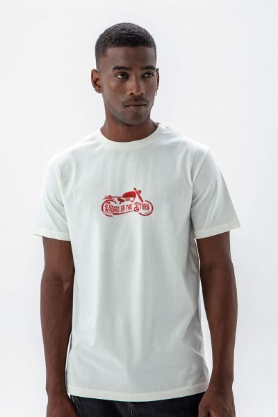 Off White Soft Fabric Riders on the storm Design Short Sleeve Tee