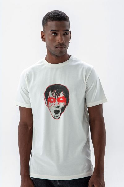 Off White Soft Fabric Bloody Eyes Design Short Sleeve Tee