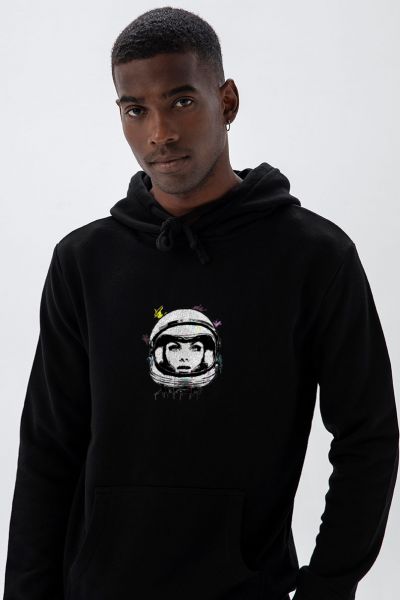 Black Premium Cotton Space Design Pullover Hoodie