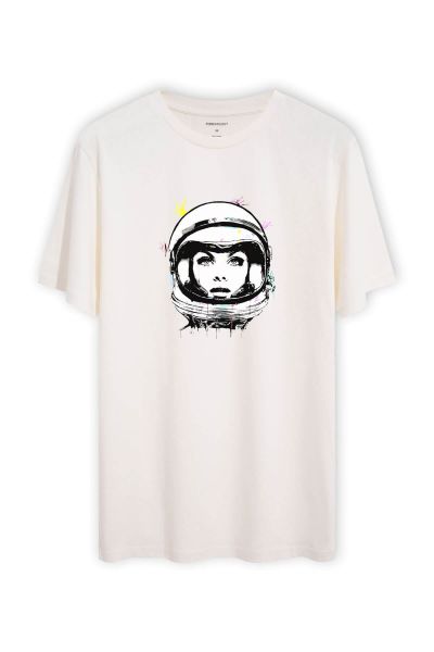 Off White Soft Fabric Space Design Short Sleeve Tee