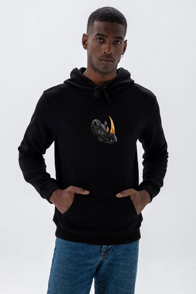 Black Premium Cotton Personologist Rhino  Design Pullover Hoodie