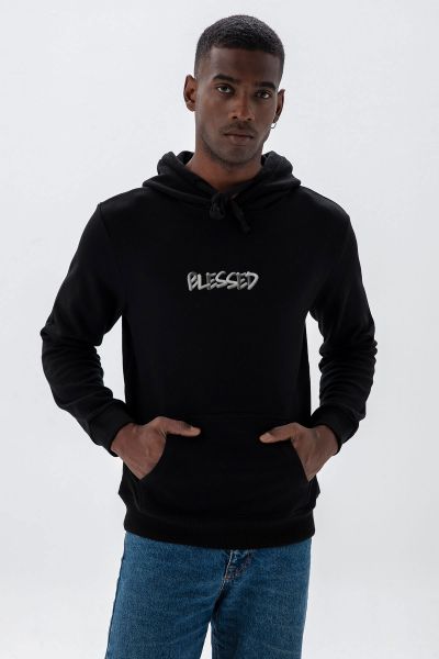 Black Premium Cotton Blessed Design Pullover Hoodie