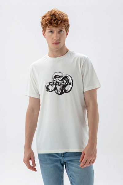 Off White Soft Fabric Rattlesnake Design Short Sleeve Tee