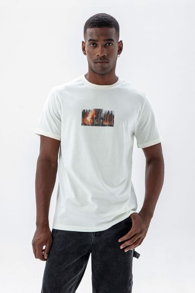 Off White Soft Fabric Bombed in Hunter Shed Design Short Sleeve Tee