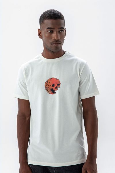 Off White Soft Fabric Mars Skull Design Short Sleeve Tee