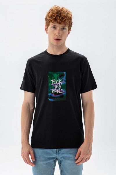 Black Soft Fabric Fuck The World Design Short Sleeve Tee