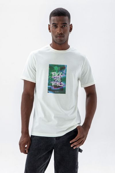 Off White Soft Fabric Fuck The World Design Short Sleeve Tee