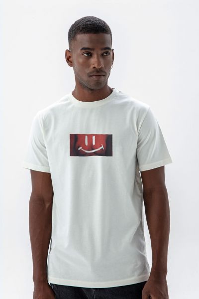 Off White Soft Fabric Happy Tits Design Short Sleeve Tee