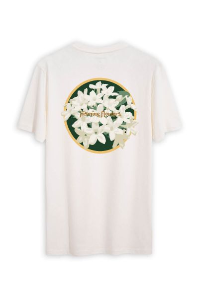 Off White Soft Fabric Jasmine Flowers Design Short Sleeve Tee