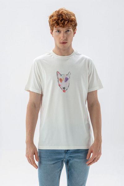 Off White Soft Fabric Rainbow Bull Terrier Design Short Sleeve Tee