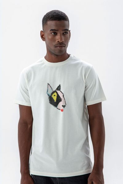 Off White Soft Fabric Rainbow Bull Terrier Design Short Sleeve Tee