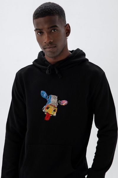 Black Premium Cotton Rainbow Cow Design Pullover Hoodie