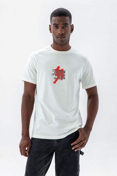 Off White Soft Fabric The Man Who Saved the Earth Design Short Sleeve Tee