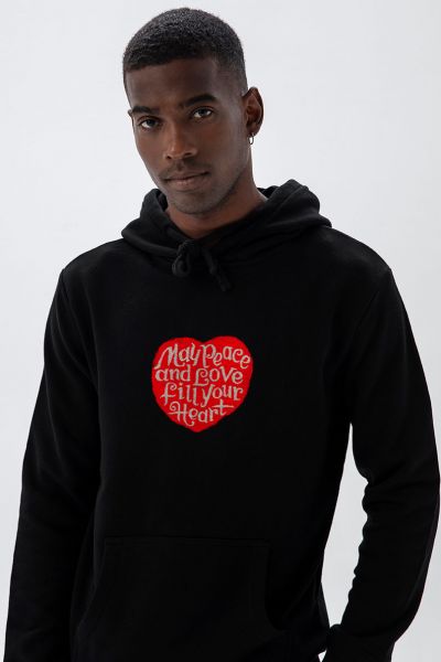 Black Premium Cotton Peace and Love Fill your Heart Design Pullover Hoodie