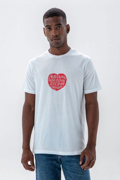 White Soft Fabric Peace and Love Fill your Heart Design Short Sleeve Tee