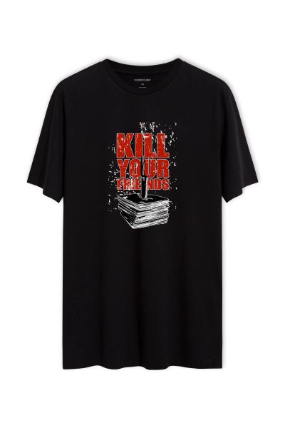 Black Soft Fabric Kill Your Friends Design Short Sleeve Tee