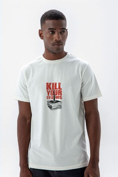 Off White Soft Fabric Kill Your Friends Design Short Sleeve Tee