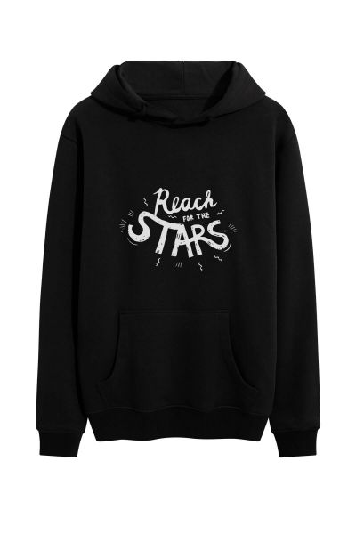 Black Premium Cotton Reach for the Stars Design Pullover Hoodie