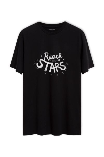 Black Soft Fabric Reach for the Stars Design Short Sleeve Tee