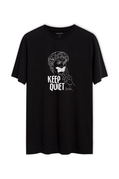 Black Soft Fabric Keep Quiet Design Short Sleeve Tee